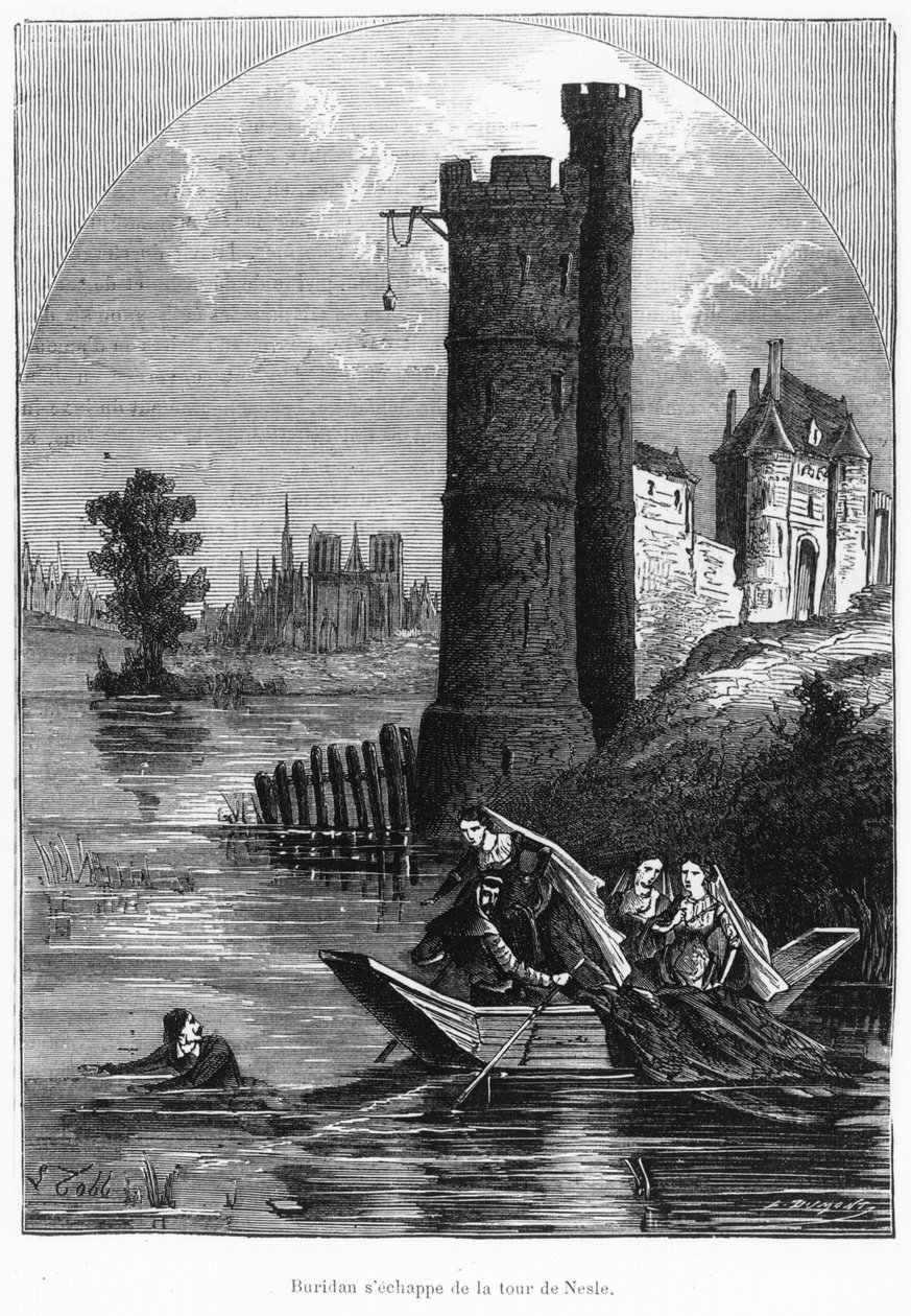 Jean Buridan flieht aus dem Turm von Nesle, 2. Hälfte des 19. Jahrhunderts von French School