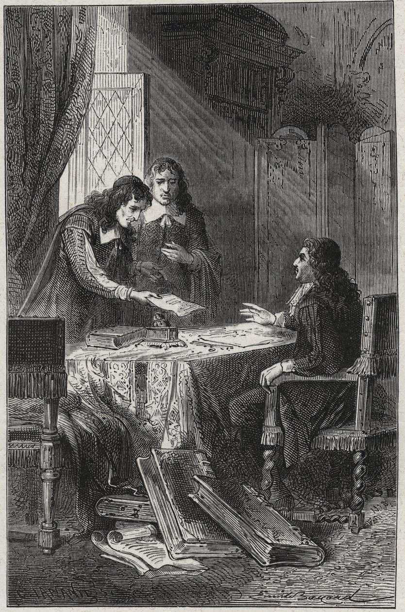 Jean Chapelain (1595-1674) französischer Dichter und Literaturkritiker und Pierre Costar (1603-1660) übergaben Jean Baptiste Colbert (1619-1683) eine Liste von Schriftstellern, die vom König Pensionen erhalten sollten - Gravur in „Les Hommes Celebres de la von French School
