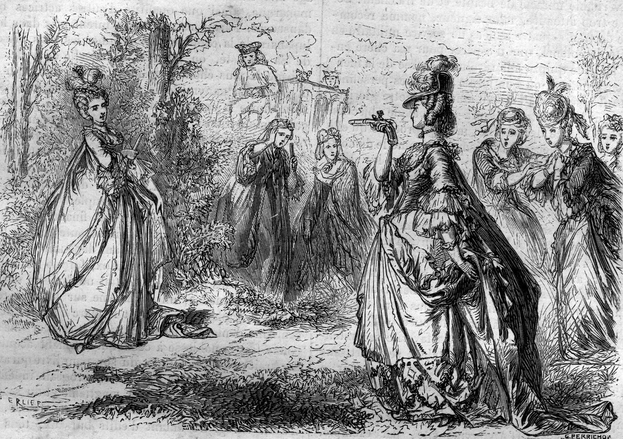 Jeanne Bécu, Gräfin (oder Madame) von Barry (1743-1793), Favoritin von Ludwig XV. im Pavillon von Lucienne. Gravur in „Geschichte der Päpste-Könige-Königinnen-und-Kaiser durch die Jahrhunderte“ von Maurice Lachatre von French School