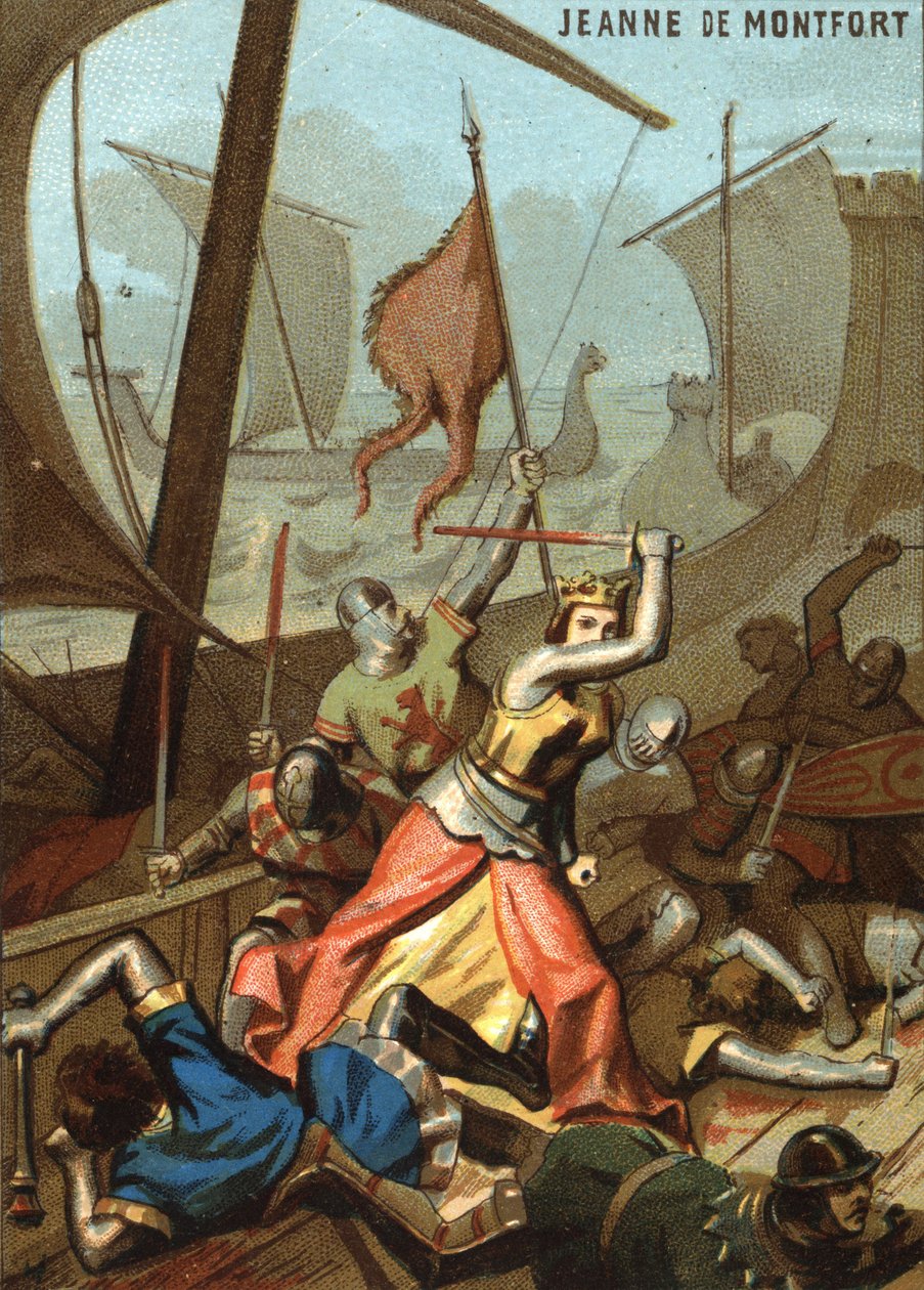 Jeanne de Montfort und La Bretagne (1342): Jeanne de Montfort unterstützte eine Seeschlacht in der Nähe von Guernsey. Chromolithographie aus der Serie "Patriotische Erziehung durch Bild". von French School