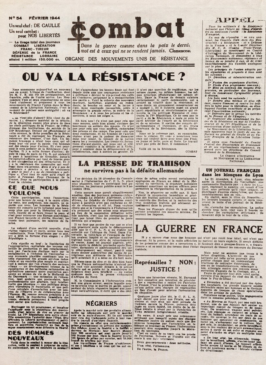 Journal COMBAT - Nummer 54 - Februar 1944 - Organ der vereinten Widerstandsbewegungen. (Untergrundzeitung) - Wohin wird der Widerstand gehen von French School