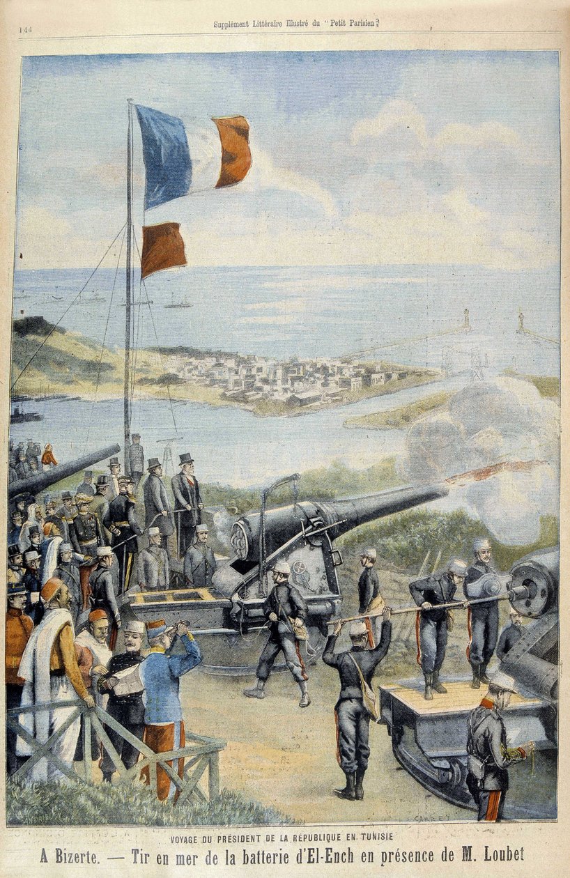 Reise des Präsidenten der Republik nach Tunesien: nach Bizerte, Schießen auf See von der Batterie von El-Ench in Anwesenheit von Herrn Loubet - in „Le Petit Parisien“ vom 03.05.1903 von French School