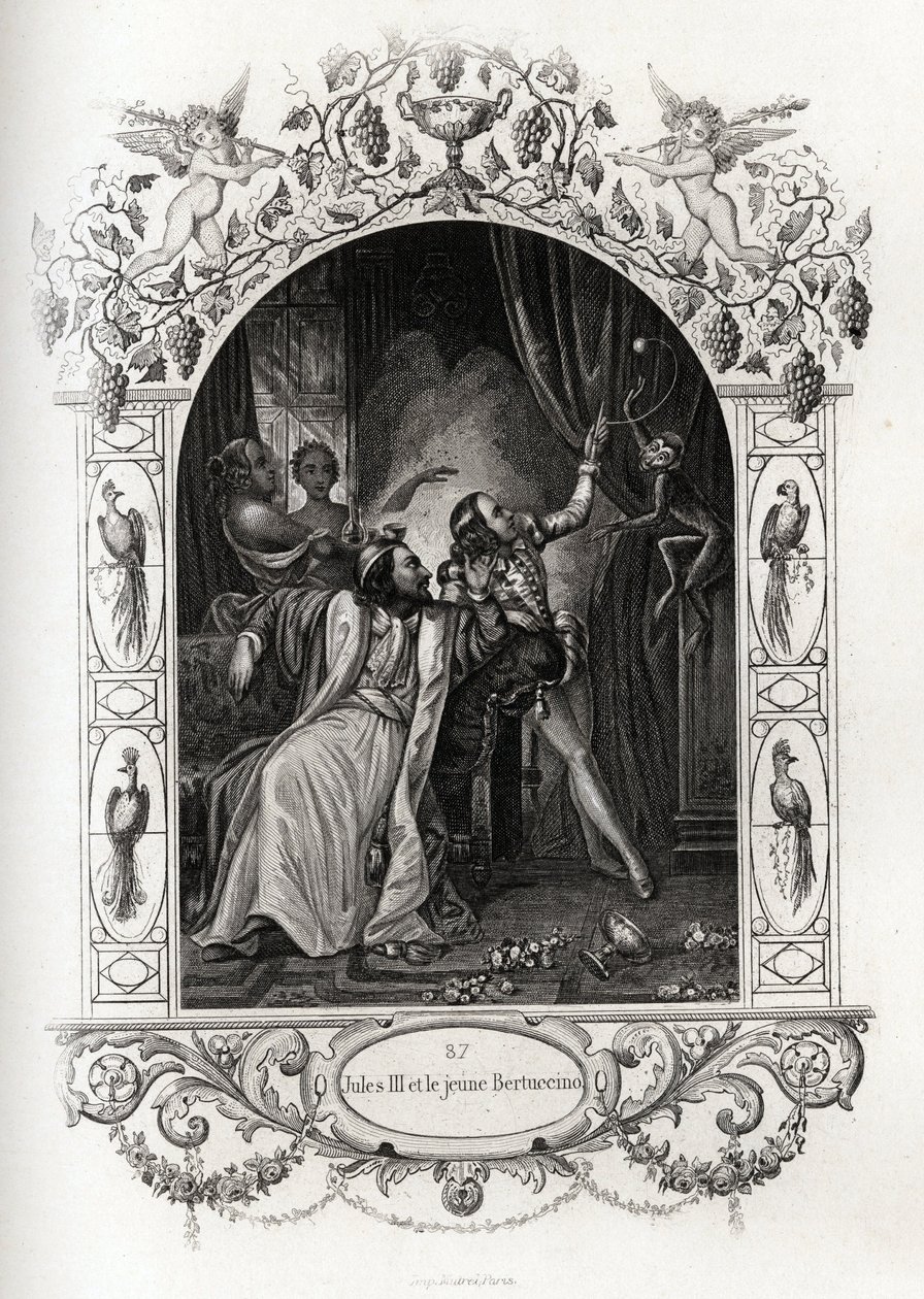 Julius III (Julius oder Iulius oder Giulio) (Papst von 1550 bis 1555) und der junge Bertuccino, die Affenshow. Gravur zur Illustration von Histoire des popes von Maurice Lachatre (1814-1900), librairie du progres, Paris von French School