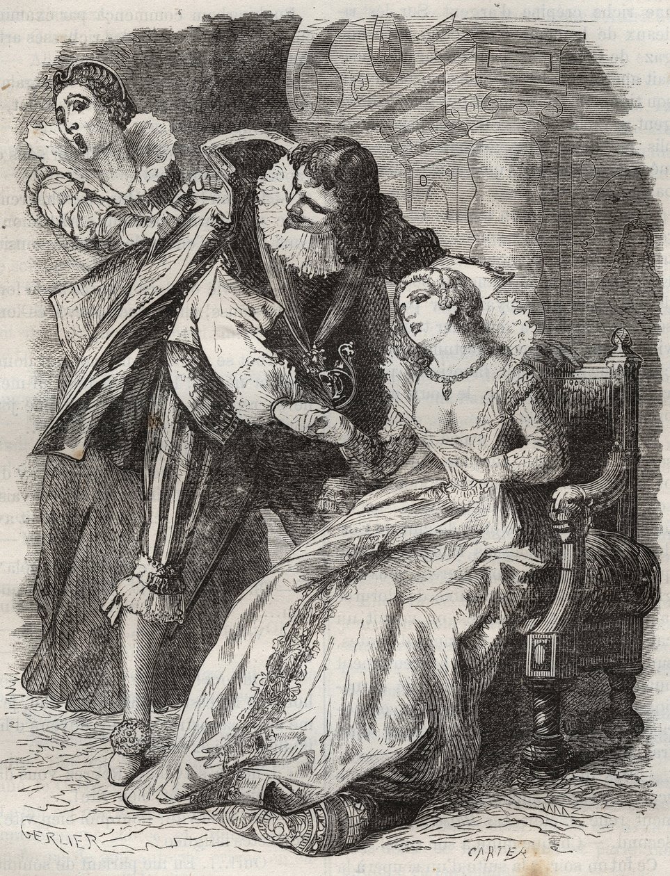 Springend wie eine Furie, packte den Herzog am Mantel... Königin von Frankreich Anne von Österreich (1601-1666) und der Herzog von Buckingham (George Villiers) von French School