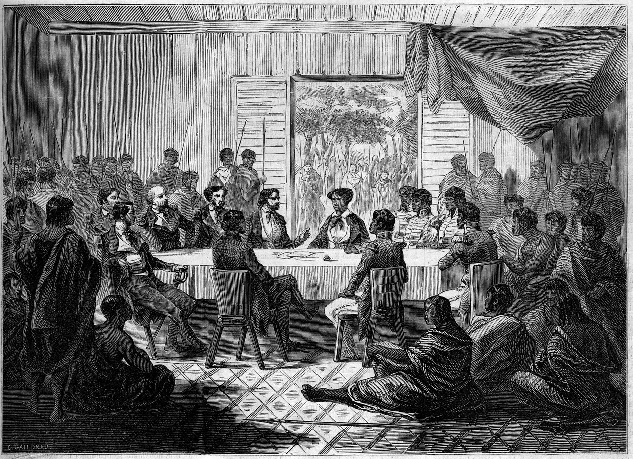 Kabar (Treffen) französischer Offiziere und madagassischer Häuptlinge, die Königin Ranavalo Manjaka I (Ranavalona) vertreten. Madagaskar von French School
