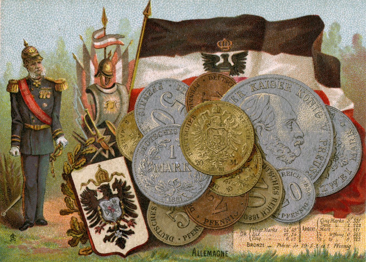 Kaiser Wilhelm I. neben der Flagge des Königreichs Preußen und einer Ausstellung von deutschen Deutschmarks, ca. 1890 von French School