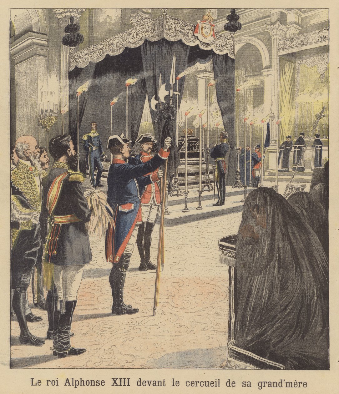 König Alfons XIII. von Spanien vor dem Sarg seiner Großmutter, Königin Isabella II. von French School