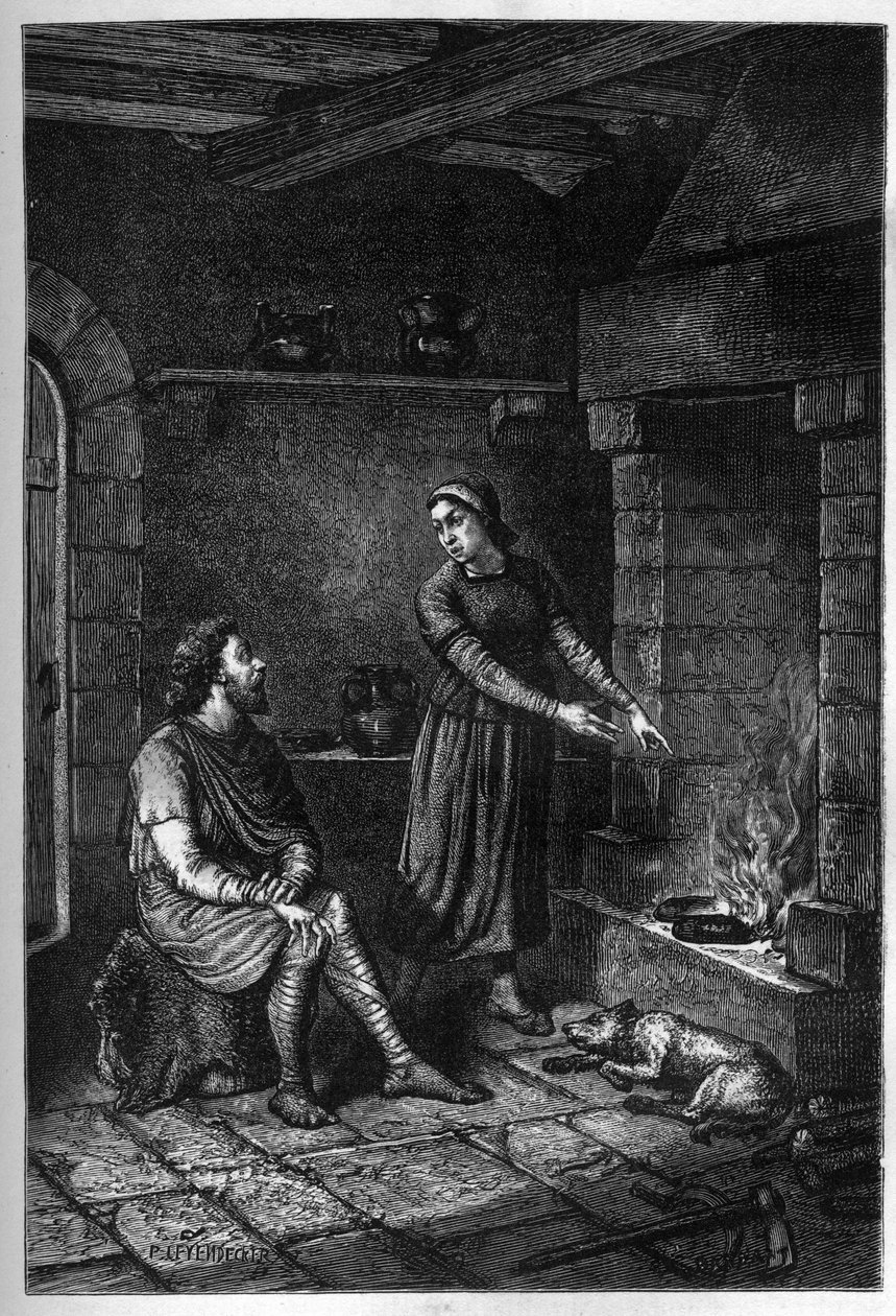 König Alfred der Große (849-899) vergisst die von der dänischen Hausfrau unter ihrem Dach in Athelney zubereiteten Kuchen und verbrennt sie, 878 (Gravur) von French School