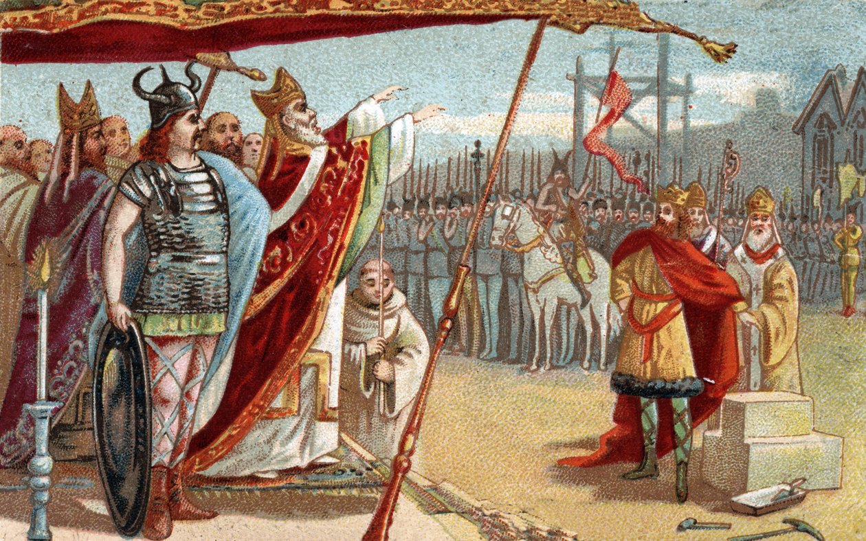 König Dagobert I. (605-639), Merowingerkönig der Franken, legt 629 bis 634 den Grundstein der Basilika von Saint Denis in Anwesenheit von Saint Eloi. Chromolithographie aus dem späten 19. Jahrhundert. von French School
