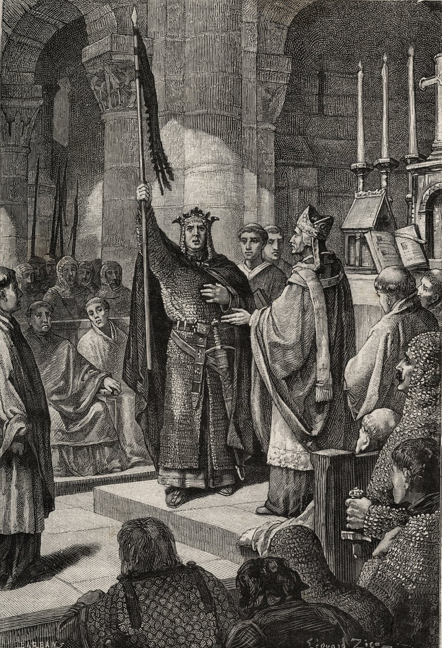 König Ludwig VII. (1120-1180) nimmt das Oriflamme in der Basilika von Saint Denis in Anwesenheit von Königin Alienor von Aquitanien und erhält die Hummel und den Pannetiere des Pilgers aus den Händen von Papst Eugen III. (? -1153) vor seiner Abreise... von French School