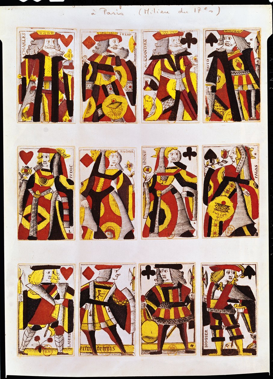 König, Königin und Bube spielen Karten (farbiger Holzstich) von French School