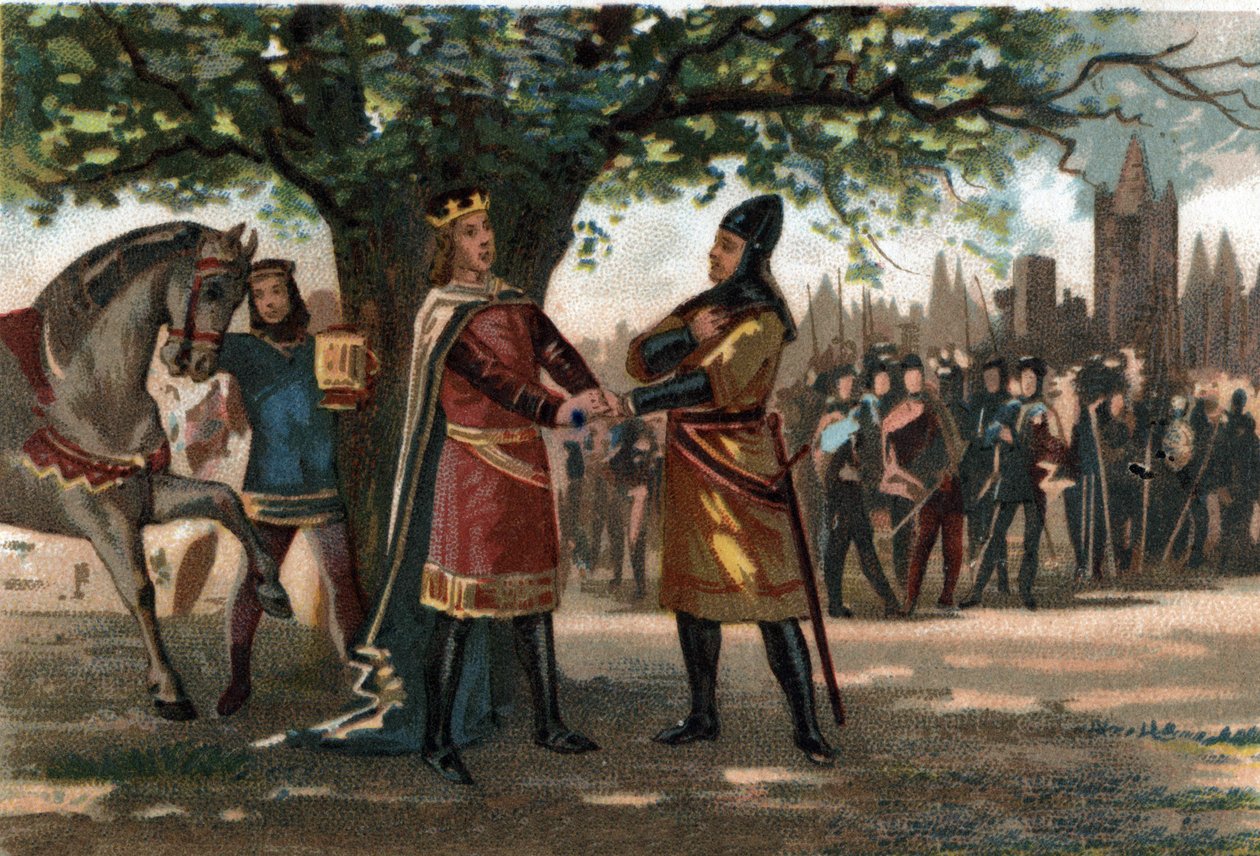 König von Frankreich Philipp August (1165-1223) traf König Richard Löwenherz in Saint Denis während der Eroberung des Oriflamme. Chromolithographie um 1890. von French School