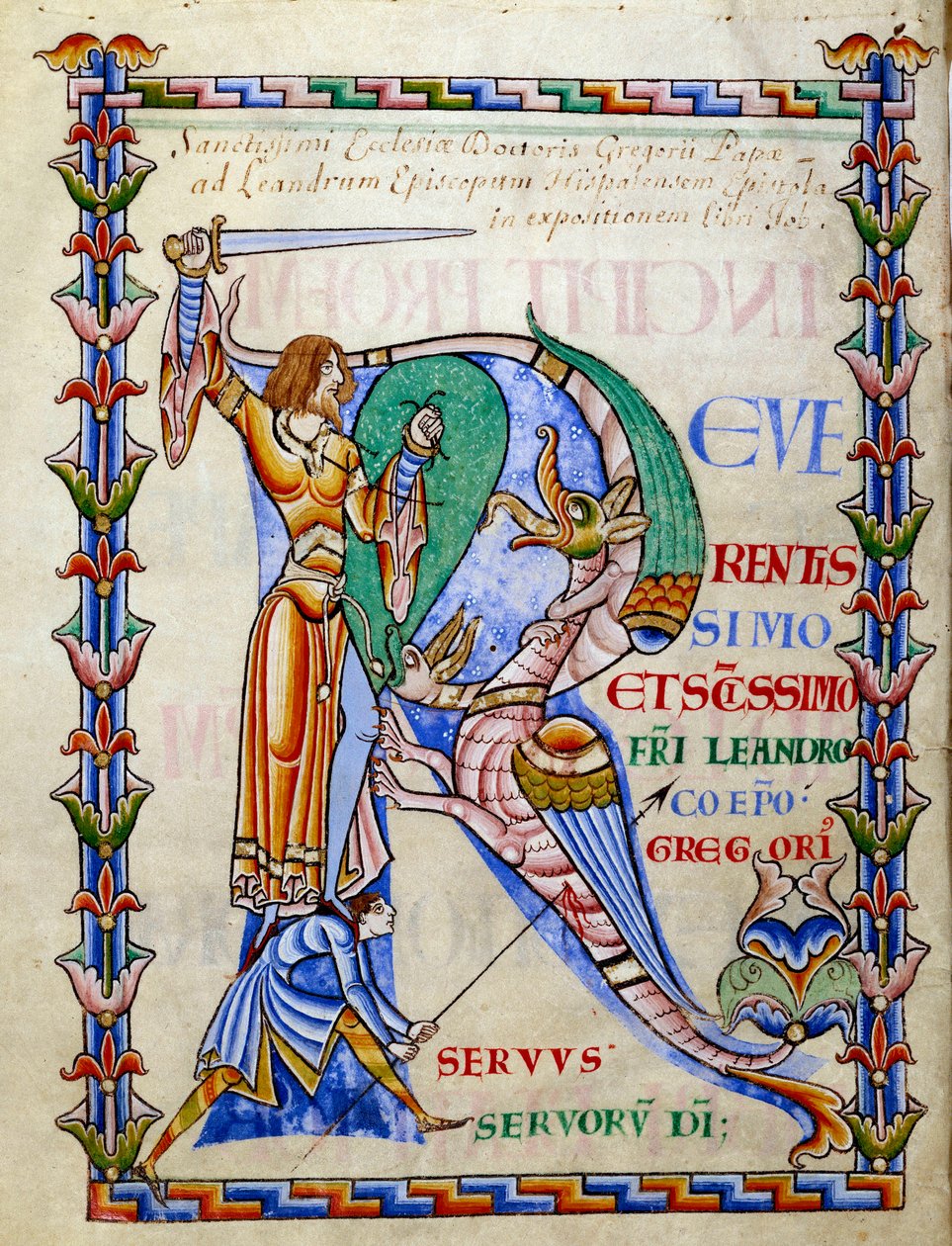 Ritter kämpft gegen den Drachen - Initiale R. Miniatur aus dem Manuskript "Moralia in Job", Morales sur Job von Saint Gregoire, aus der Abtei Citeaux von French School