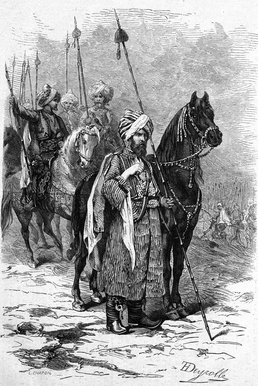 Kurdische Soldaten im Jahr 1877 während des Ostkrieges (1875-1878) auch genannt der Türkisch-Russische Krieg. Gravur in „Le Monde Illustré“ Nr. 1055 vom 30. Juni von French School