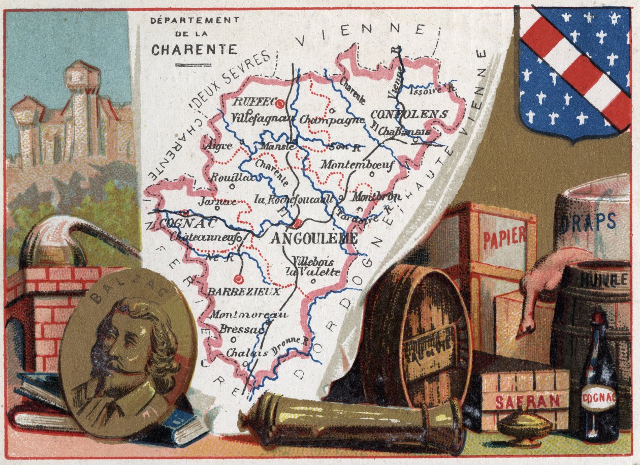 La Charente, Poitou-Charentes, Frankreich. Porträt von Honoré de Balzac (1799-1850), französischer Schriftsteller. Lokale Spezialität: Brandy, Safran, Papier, Bettlaken, Öl, Brandy. Serie über die französischen Departements. Chromolithographie, ca. 1920. P von French School