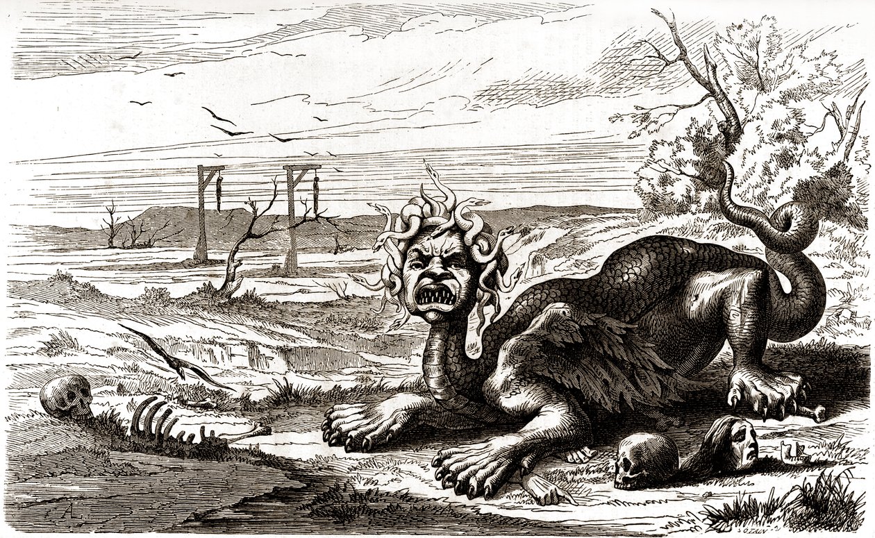 La Fronde (1648-1653): ein monströses Tier mit Schlangenhaaren steht über menschlichen Leichen und Skeletten von French School