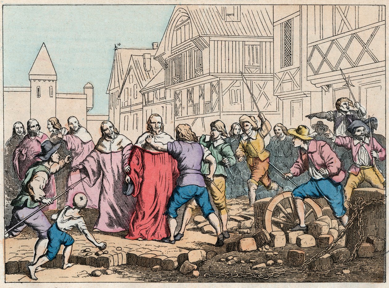 La Fronde (27. August 1648) - Barrikaden in Paris: ein Rotorjunge bedroht den Präsidenten des Parlaments, Mathieu Mole (1584-1656) - Präsident Mole von Aufständischen misshandelt - Gravur Ende des 19. Jahrhunderts in „Nos Gires Nationales - Images et récit von French School