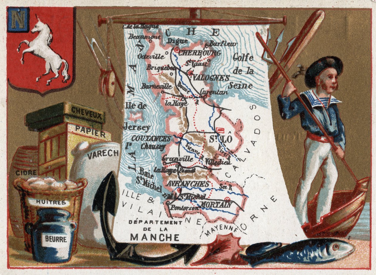 La Manche (50), Basse-Normandie, Frankreich. Lokale Spezialität: Pfirsich und Austern, Cidre und Papier. Serie über die französischen Departements. Chromolithographie „der geografische Faden“, um 1920. Private Sammlung. von French School