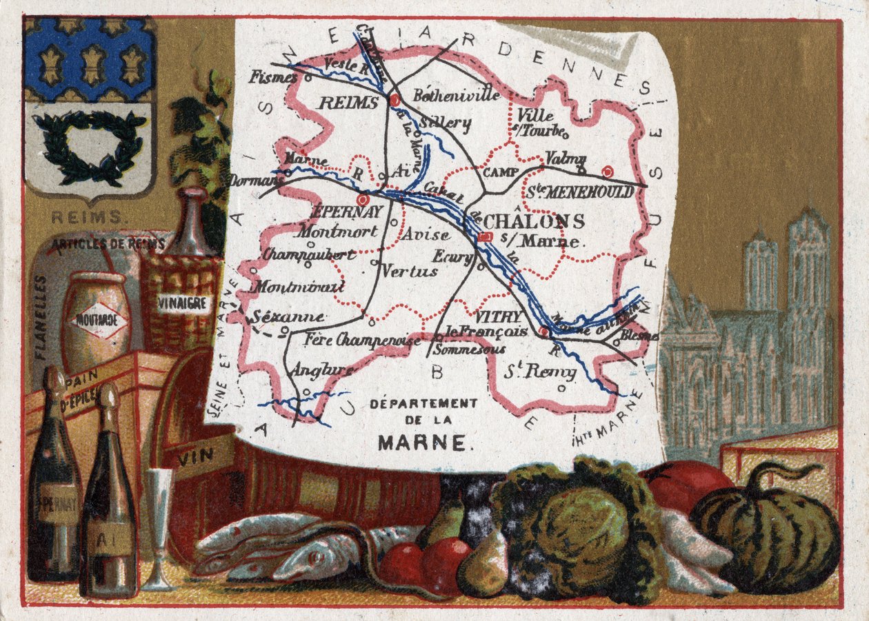 La Marne (51) in Champagne Ardenne (Champagne-Ardenne), Frankreich. Lokale Spezialitäten: Champagner und die Kathedrale von Reims. Serie über die französischen Departements. Chromolithographie „der geografische Faden“, um 1920. Private Sammlung von French School