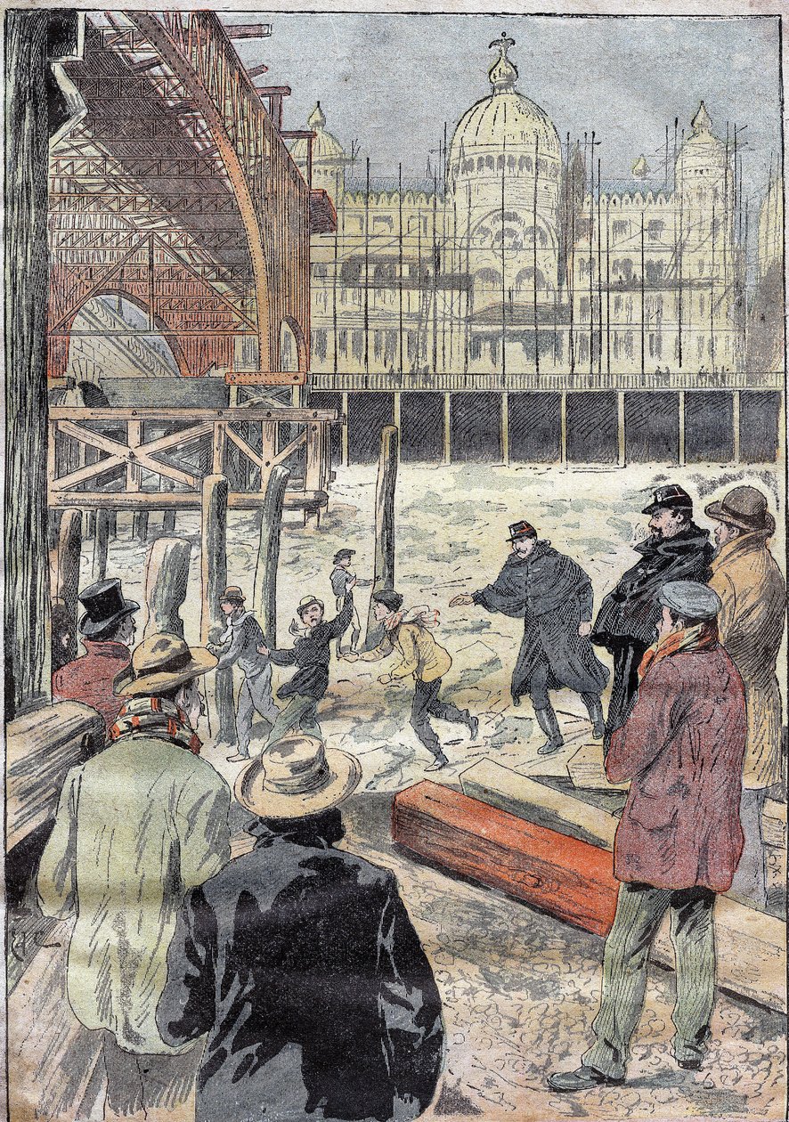 Die gefrorene Seine, nahe der für die Weltausstellung erbauten Eisenbrücke, neben der Pont des Invalides, Winter 1899. Gravur in „Le Pelerin“ 31/12/1899. von French School
