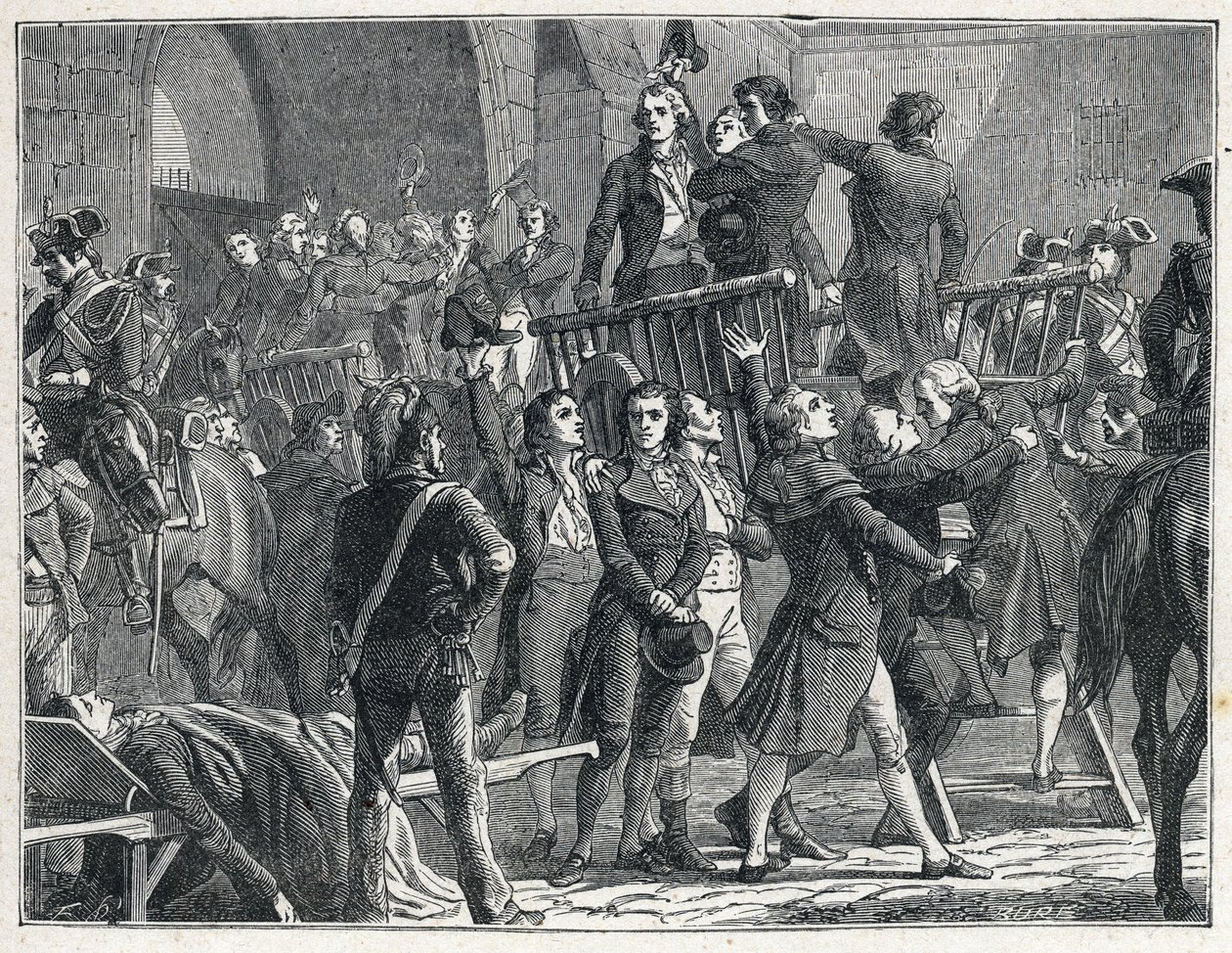 Die Schreckensherrschaft während der Französischen Revolution: Girondisten, die zum Tode verurteilt wurden, verlassen singend patriotische Lieder das Schafott von French School