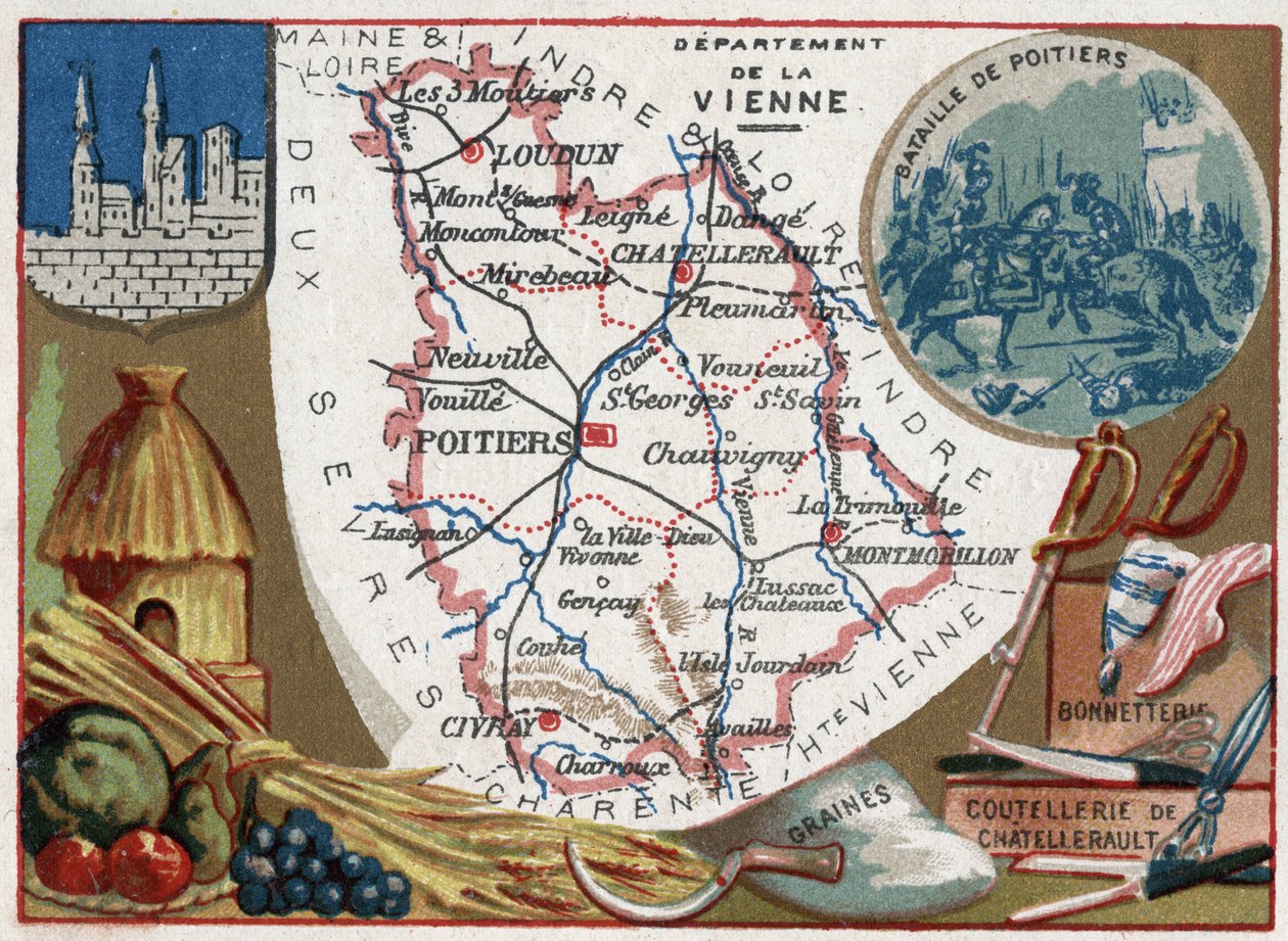 La Vienne, Poitou-Charentes, Frankreich. Samen, Chatellerault-Besteck und Strümpfe. Serie über die französischen Departements. Chromolithographie, ca. 1920. Privatsammlung. von French School