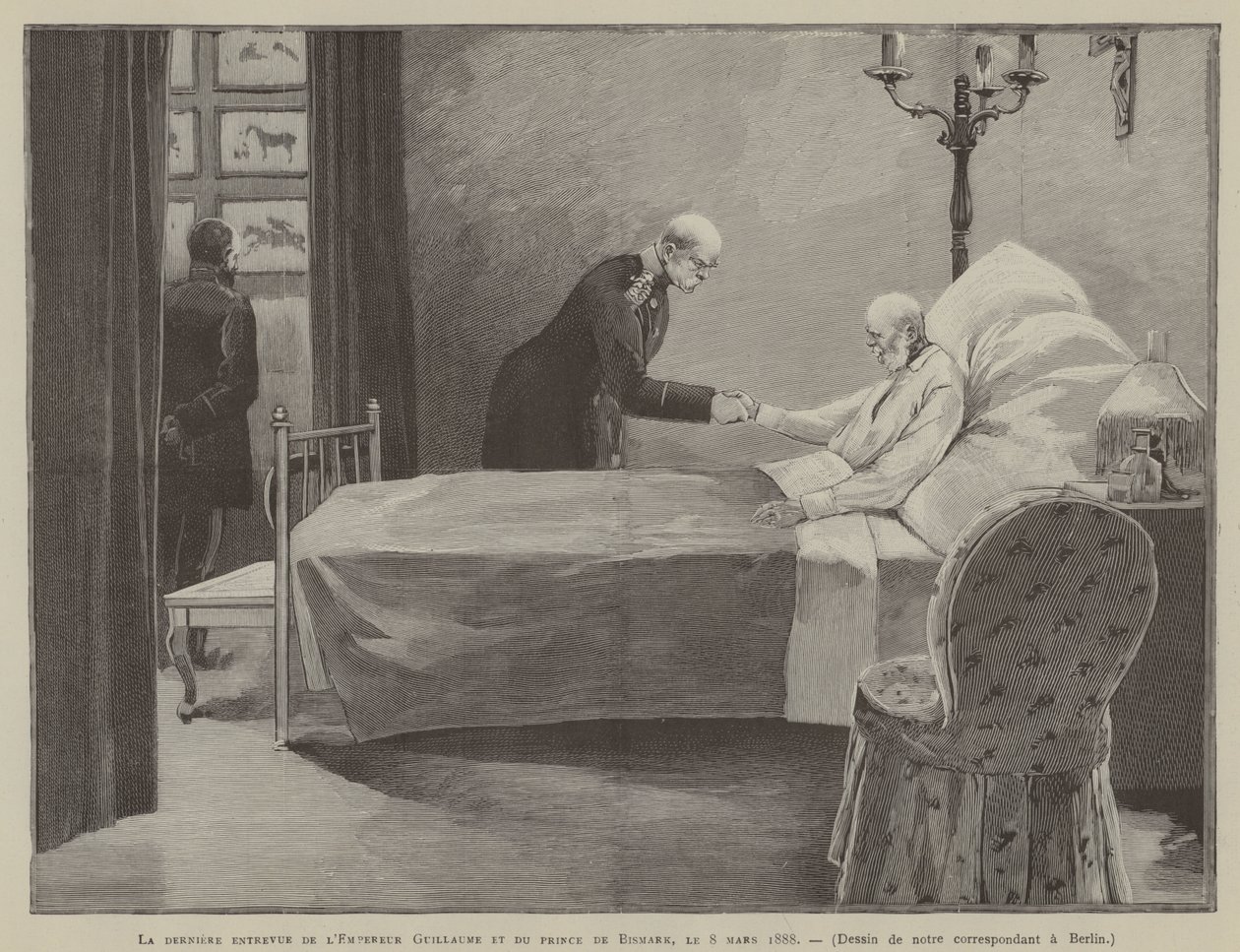 Das letzte Treffen von Kaiser Wilhelm und Prinz Bismarck, am 8. März 1888 (Gravur) von French School