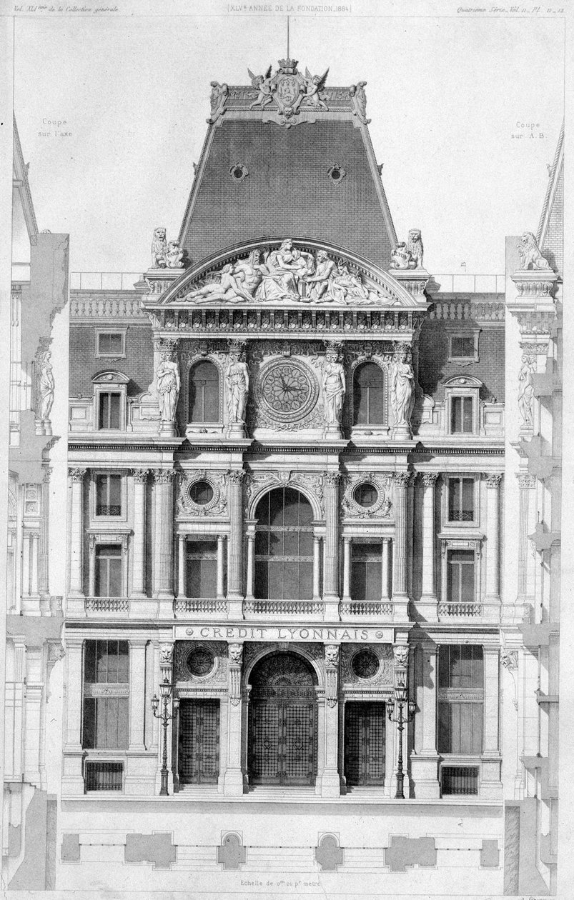 Die Fassade des Crédit Lyonnais, Boulevard des Italiens - Gravur, 20. Jahrhundert von French School