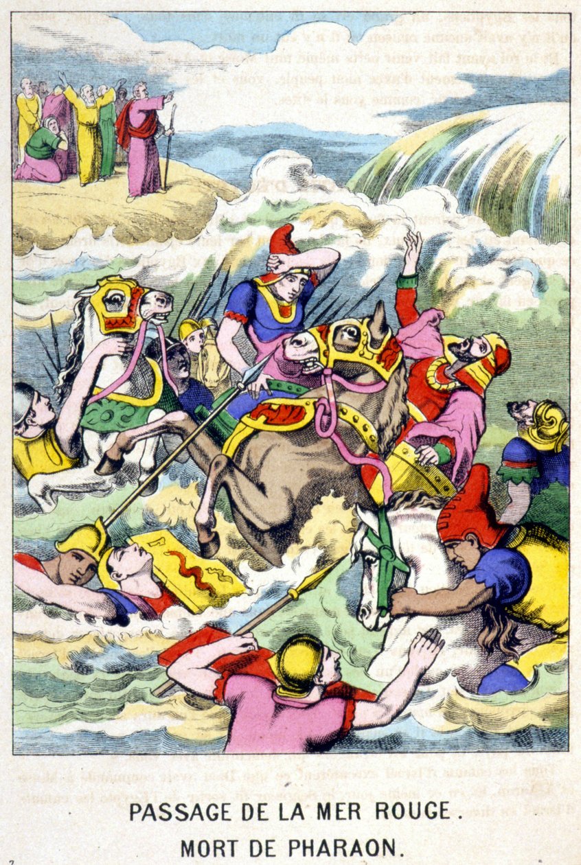 Der Tod des Pharaos beim Durchqueren des Roten Meeres - in „Das Leben des Moses“, hrsg. von Olivier Pinot, Epinal, Ende des 19. Jahrhunderts von French School