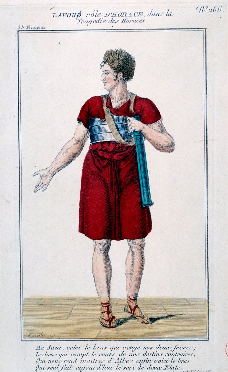 Lafon in der Rolle des Horace in der Tragödie Horaces von Corneille (1640). Gravur des 19. Jahrhunderts. Paris, Comédie-Française. von French School