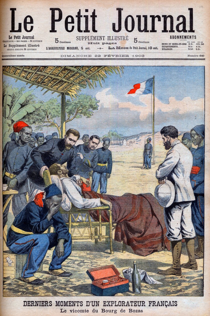 Letzte Momente eines französischen Entdeckers Viscount Pierre Marie Robert Du Bourg de Bozas (1871-1903) im Bourg de Boza in tropischem Afrika „Le Petit Journal“ vom 22. Februar von French School