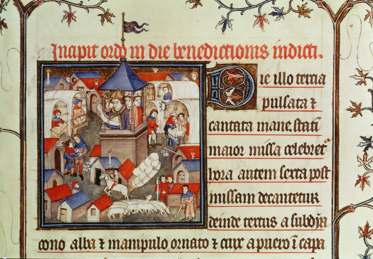 Miniatur eines Bischofs, der die jährliche Messe oder den Markt segnet, der zwei Wochen im Juni auf den Ebenen von St. Denis abgehalten wird, aus einem Pontifikal, 1301-1400 von French School