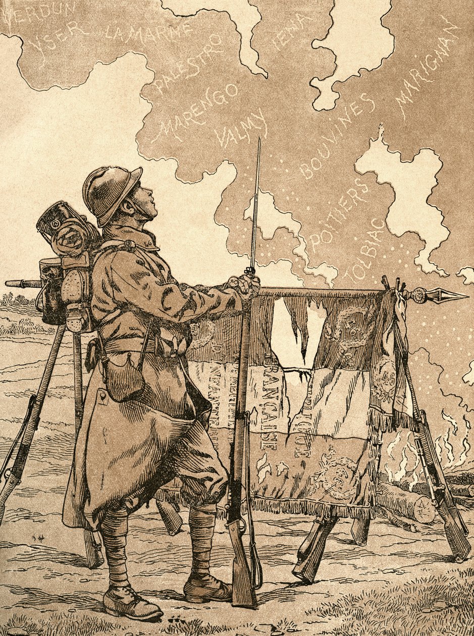 Le Bleuet. Symbol des Gedenkens und der Solidarität in Frankreich für Veteranen und Opfer des Ersten Weltkriegs. Französische Propaganda-Illustration aus dem Ersten Weltkrieg, die französische Siege durch die Jahrhunderte heraufbeschwört. Aus Agenda Buvard von French School