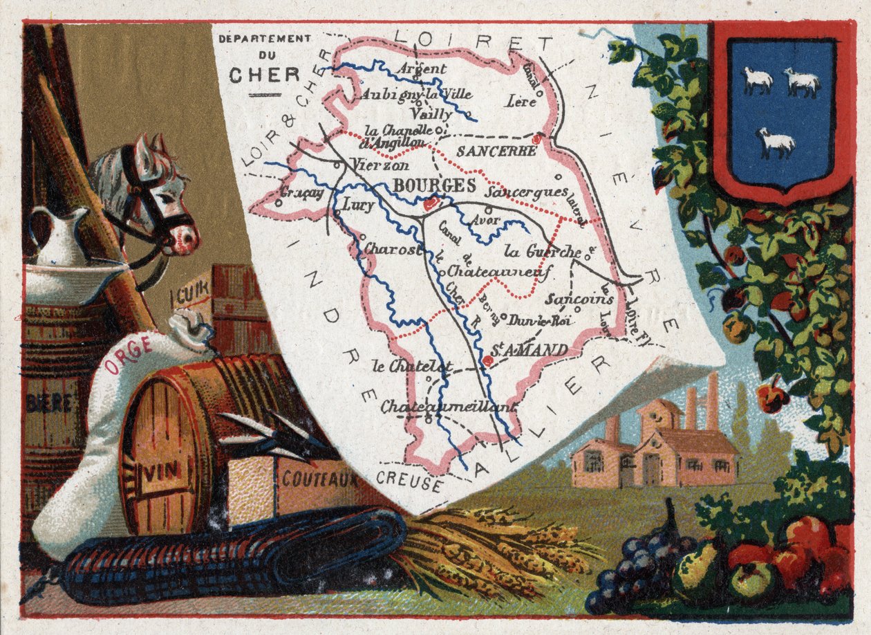 Le Cher (18), Centre, Frankreich. Serie über die französischen Departements. Bier, Gerste, Leder, Wein und Messer. Chromolithographie „der geografische Faden“, um 1920. Private Sammlung von French School