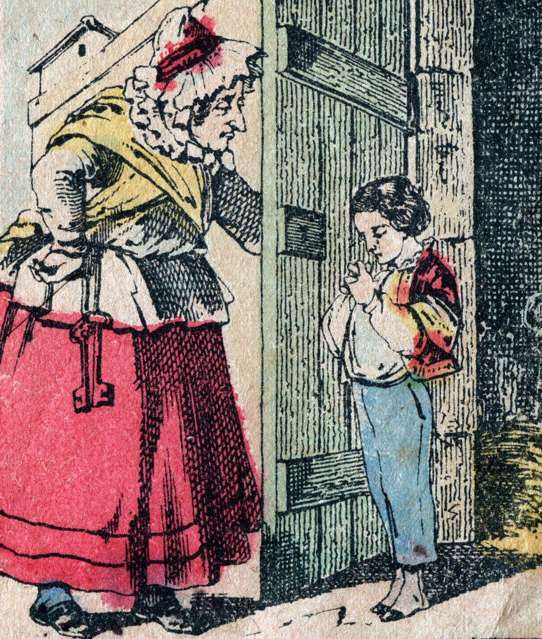 Le Père Fouettard, französische Figur des Peitschenvaters, legendäre Figur des Folklore, die unartige Kinder bestraft: seine Frau, La Mère Fouettard, die Peitschenmutter, die reuige Kinder liefert - Epinal-Bild von French School