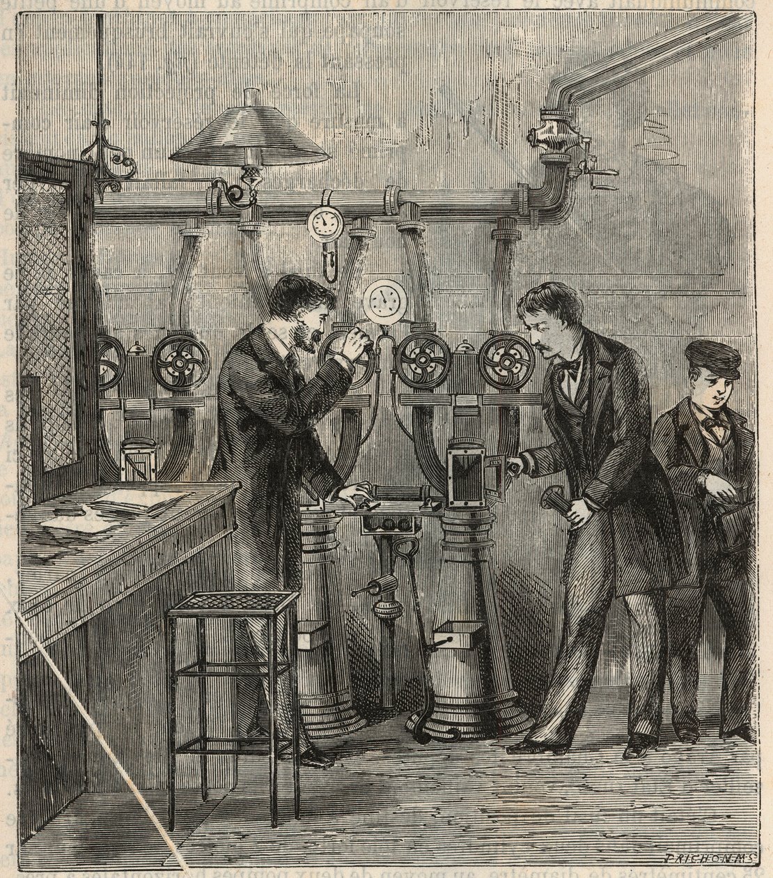 Das Büro der pneumatischen Post in Paris - Gravur in „Wissenschaften für jedermann - Physik und Chemie“ von Alexis Clerc - Ende des 19. Jahrhunderts - Private Sammlung von French School