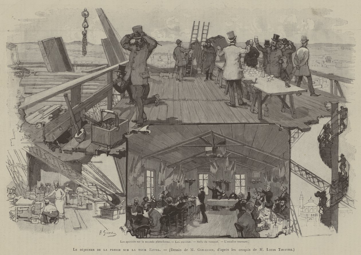 Das Frühstück der Presse auf dem Eiffelturm (Gravur) von French School