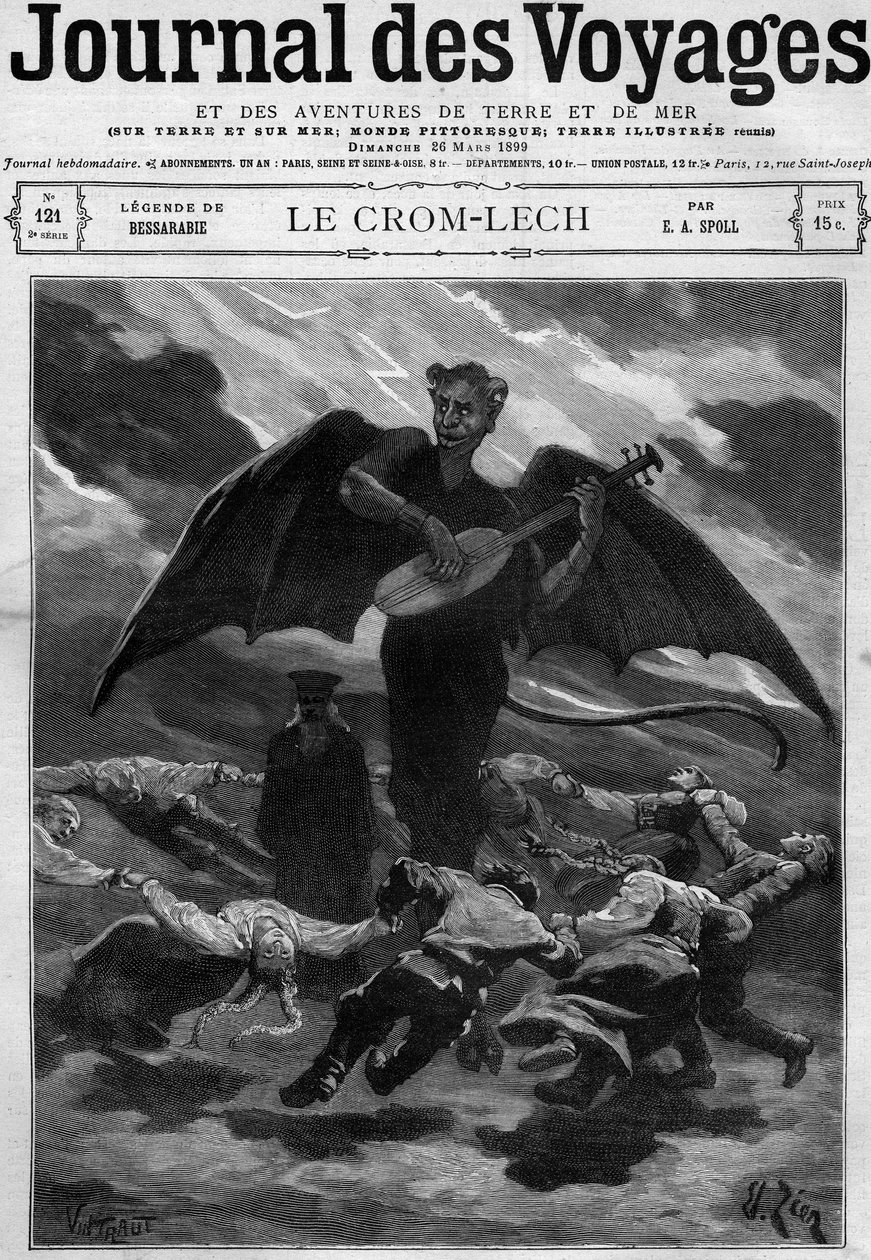 Legende von Bessarabien (Osteuropa): Crom Lech (Crom-Lech). Satan, der Balalaika spielt, führt Tänzer in einen endlosen Reigen. Gravur im „Journal des Voyages“ vom 26. März 1899. von French School
