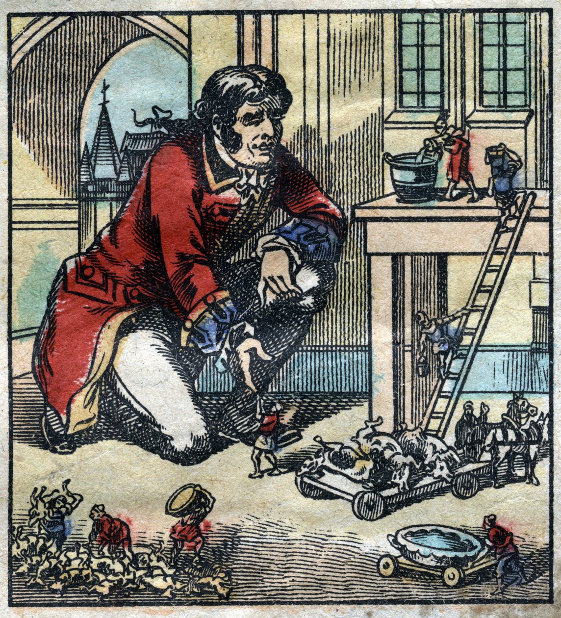 Lemuel Gulliver, Berater der Armee von Lilliput. Illustration für „Gullivers Reisen“ von Jonathan Swift (1667-1745). Epinal-Bild Ende des 19. Jahrhunderts. von French School