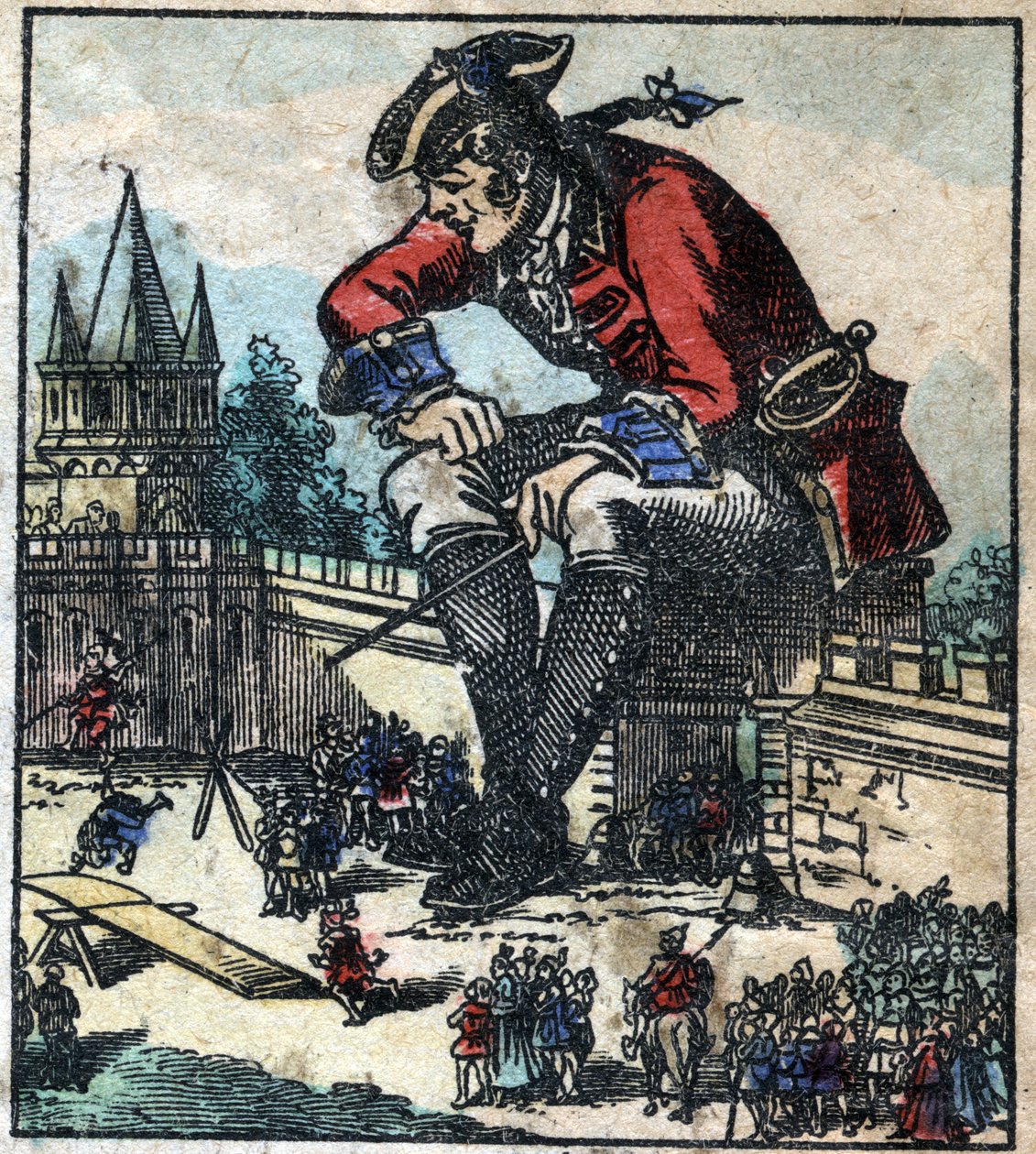 Lemuel Gulliver sitzt auf der Stadtmauer und erklärt der Lilliputanischen Armee die Strategie. Illustration für "Gullivers Reisen" von Jonathan Swift. Epinal-Bildgebung Ende des 19. Jahrhunderts. von French School