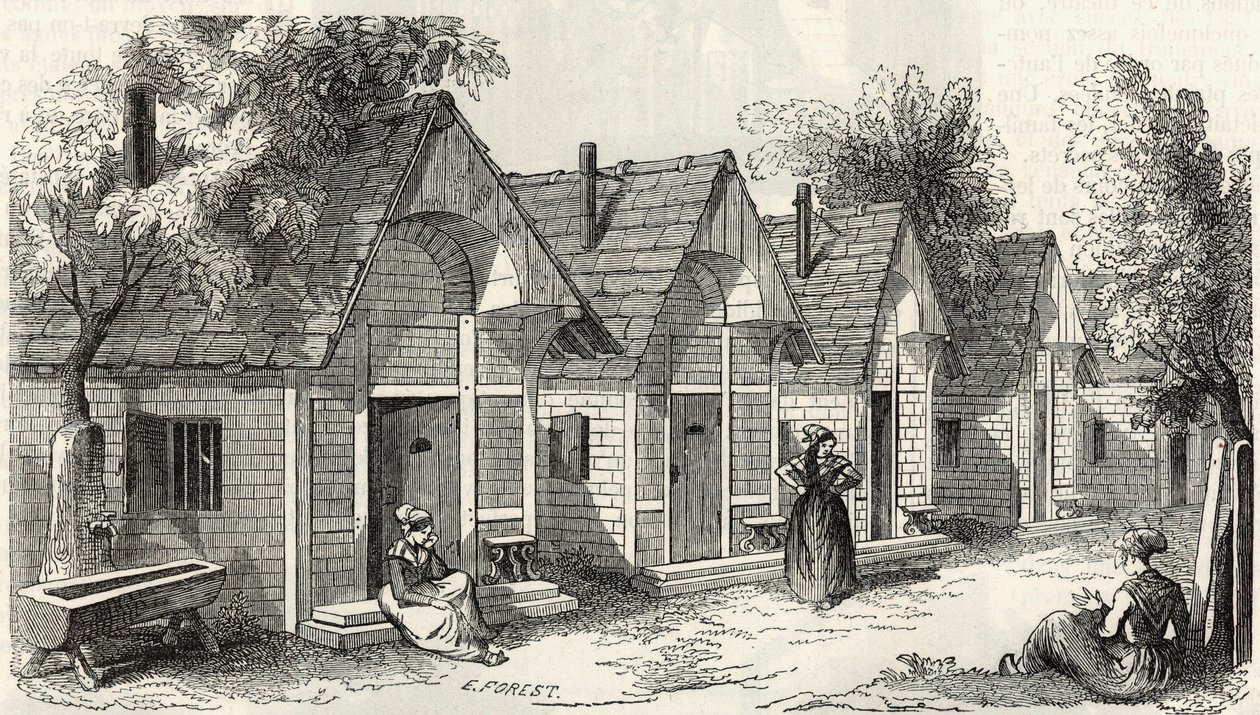 Die Chalets der Salpêtrière für die aufgeregten Verrückten - Gravur in „Tableau-de-Paris“ von Edmond Texier 1852 von French School