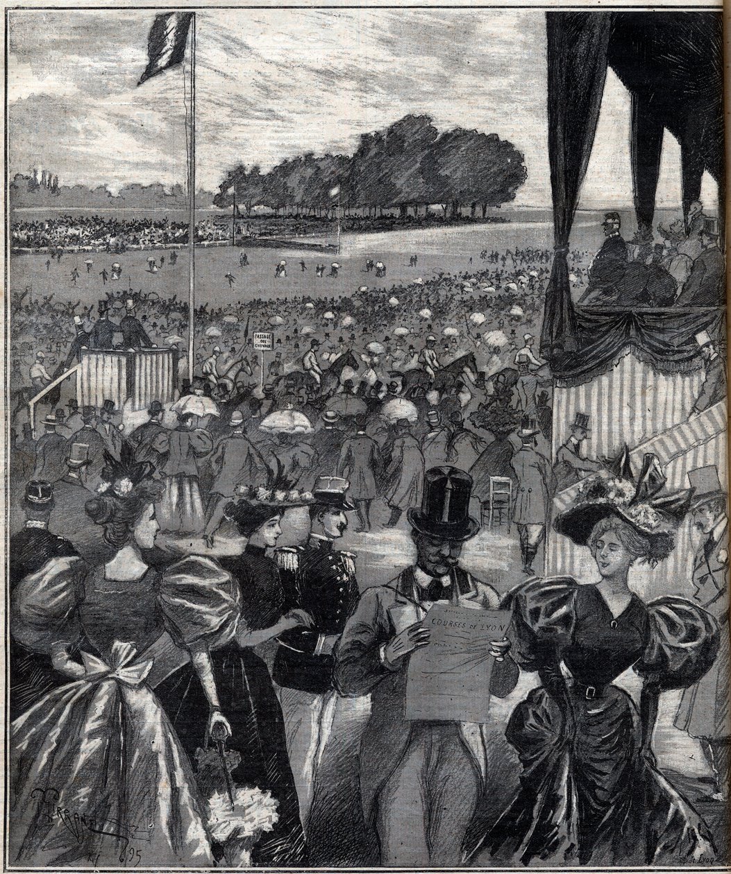 Les courses de Lyon (Rennbahnen von Lyon) - nach dem Grand Prix - Gravur in „Le Progres Illustré“ von 1895. von French School