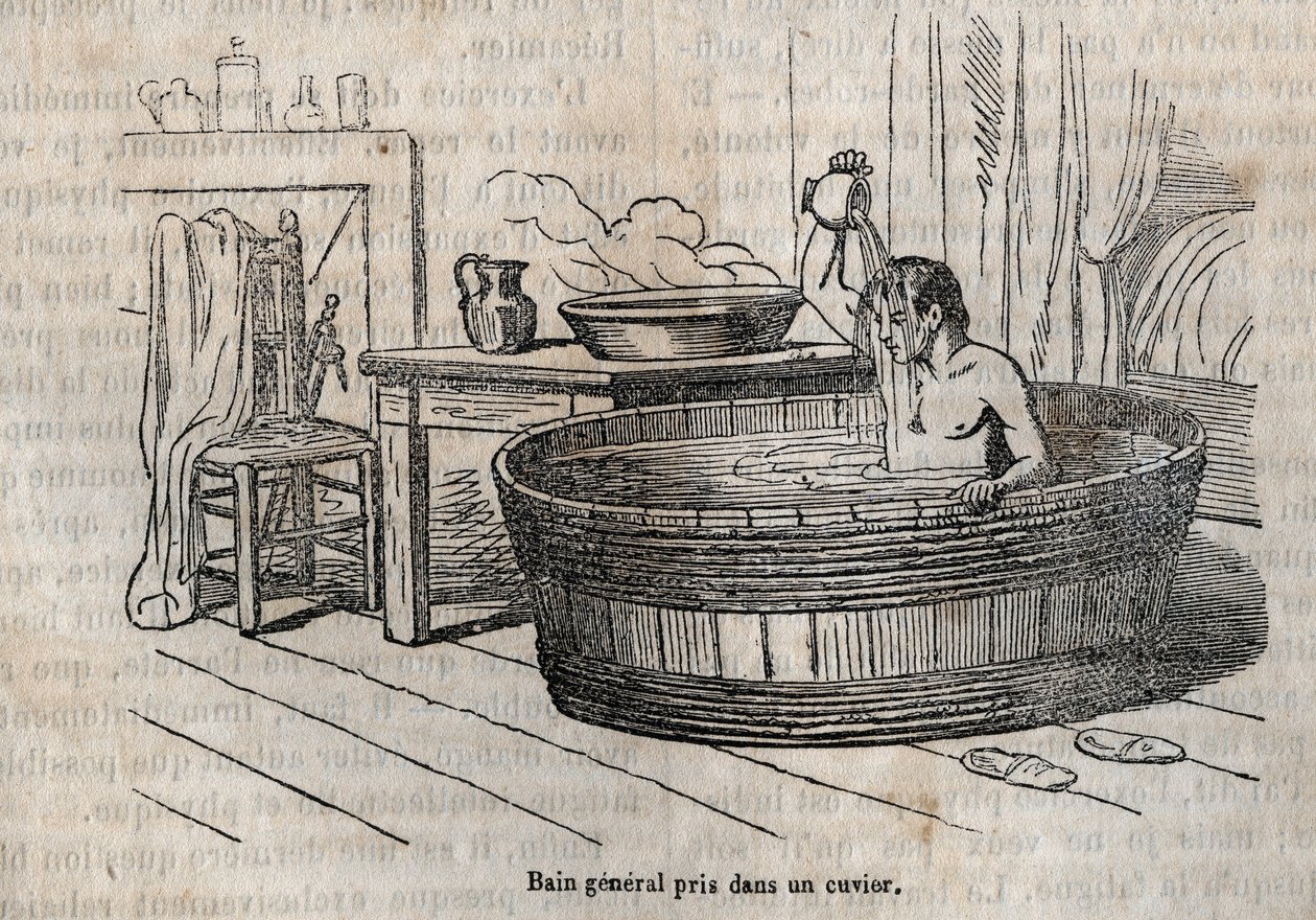 Die Gesten des Bades - Hygiene im 19. Jahrhundert - Bad in einer Schüssel - Gravur in „La Sante Universelle - Guide Medical des Familles“ 1852 von French School