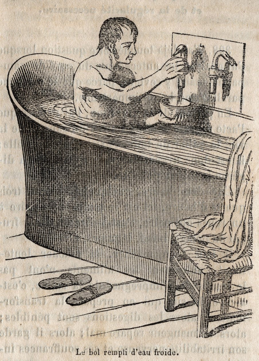 Die Gesten des Bades - Hygiene im 19. Jahrhundert - Mann in einer Badewanne - Gravur in La Sante Universelle - Guide Medical des Familles 1852 von French School
