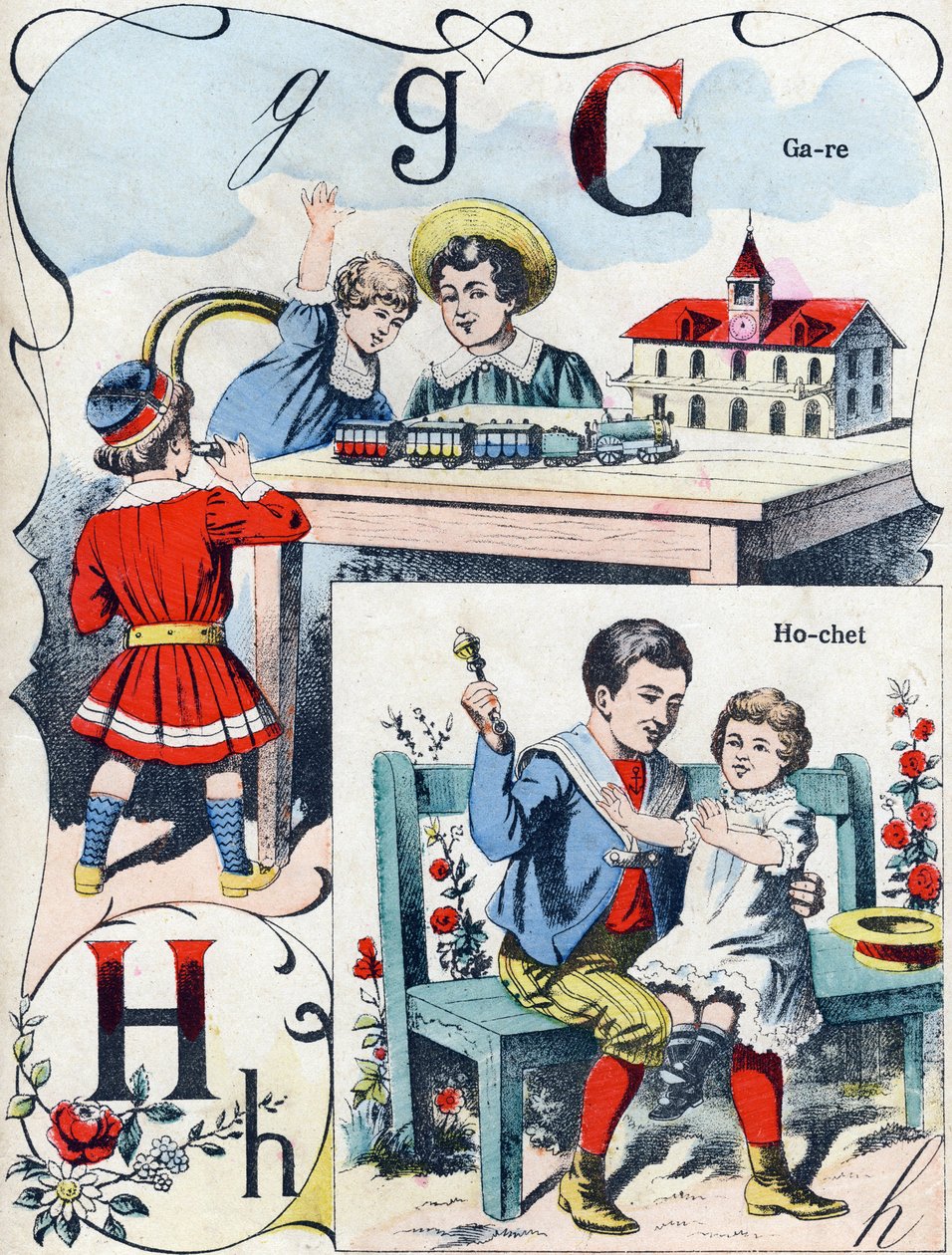 Buchstabe G H: Bahnhof und Rassel von French School