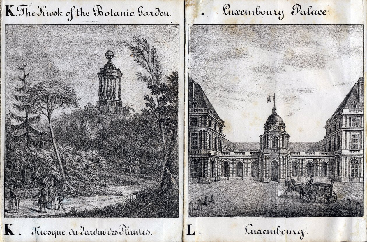 Buchstabe K Kiosk des Jardin des Plantes und L Palais du Luxembourg - „Alphabet Picturesque des Monumens de Paris“ um 1840 (Gravur) von French School