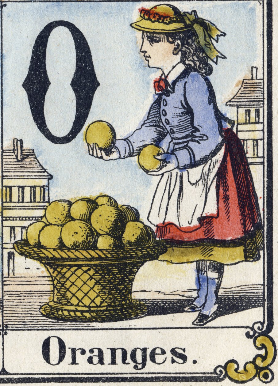 Buchstabe O: Orangen. Unterhaltsames Alphabet. Epinaler Bildgebung. Schablonierte Holzschnitte, um 1880. Kleines Heft mit 16 Seiten von French School