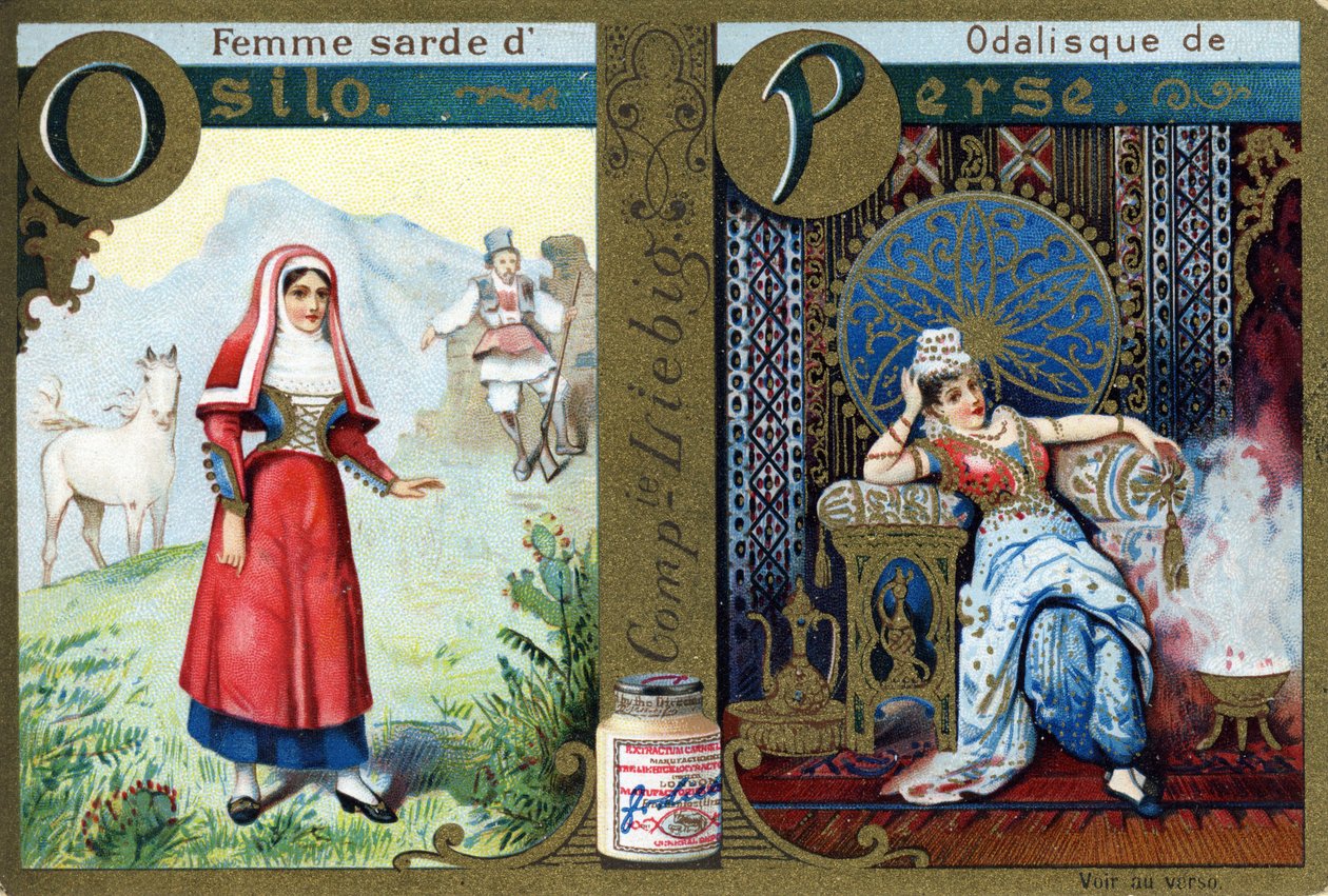 Buchstabe O als sardische Frau von Osilo und P als Odaliske von Persien. Frauenalphabet. Serie von 12 Bildern. Liebig-Werbung von French School