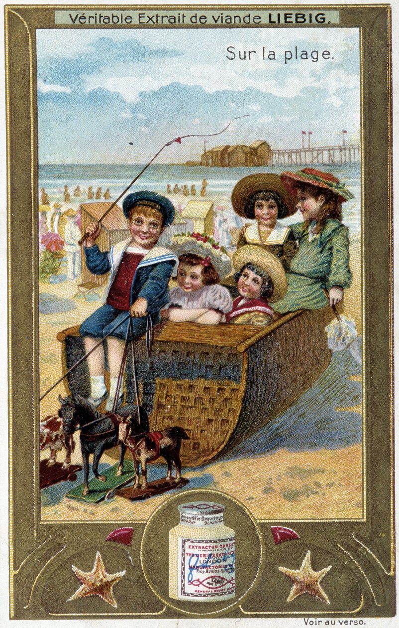 Liebig-Chromolithografie-Serie „Strandspiel“ von Kindern. 19. Jahrhundert von French School