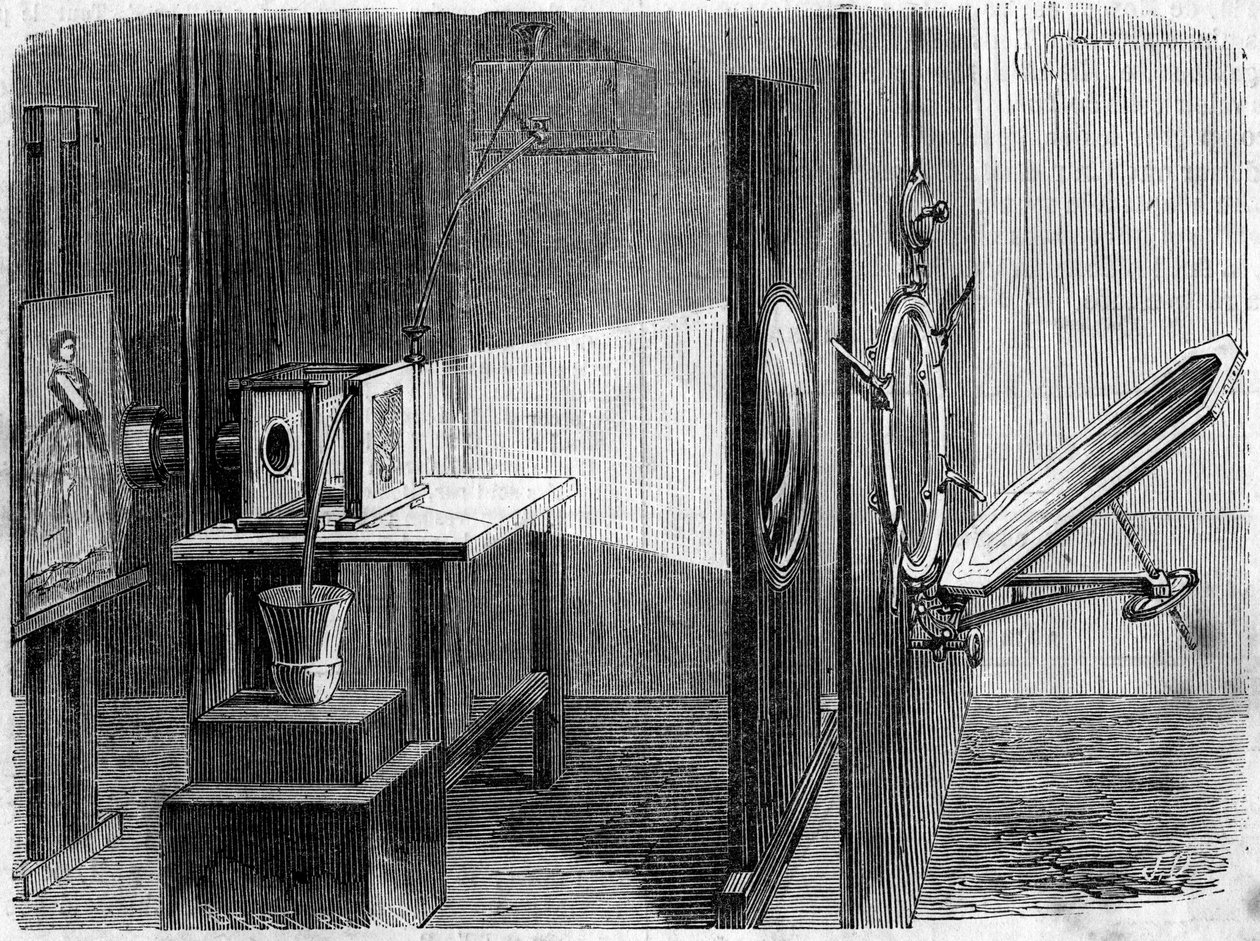 Lichttür für Fotografie erfunden von Edouard Delessert (1828-1898). Der Spiegel reflektiert die Sonnenstrahlen und lenkt sie auf eine Linse, die sie zu einem Strahl bündelt, um sie auf ein Klischee zu fokussieren, dessen Bild, reproduziert von einer Daguer von French School